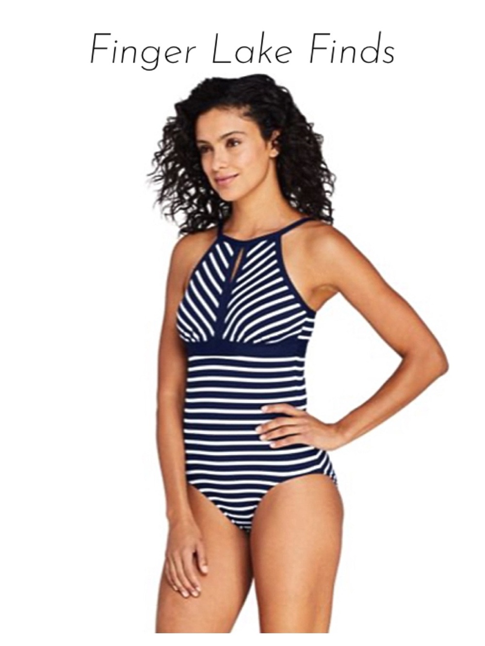 Lands’ End Striped Navy and White One Piece Swim Suit, 16